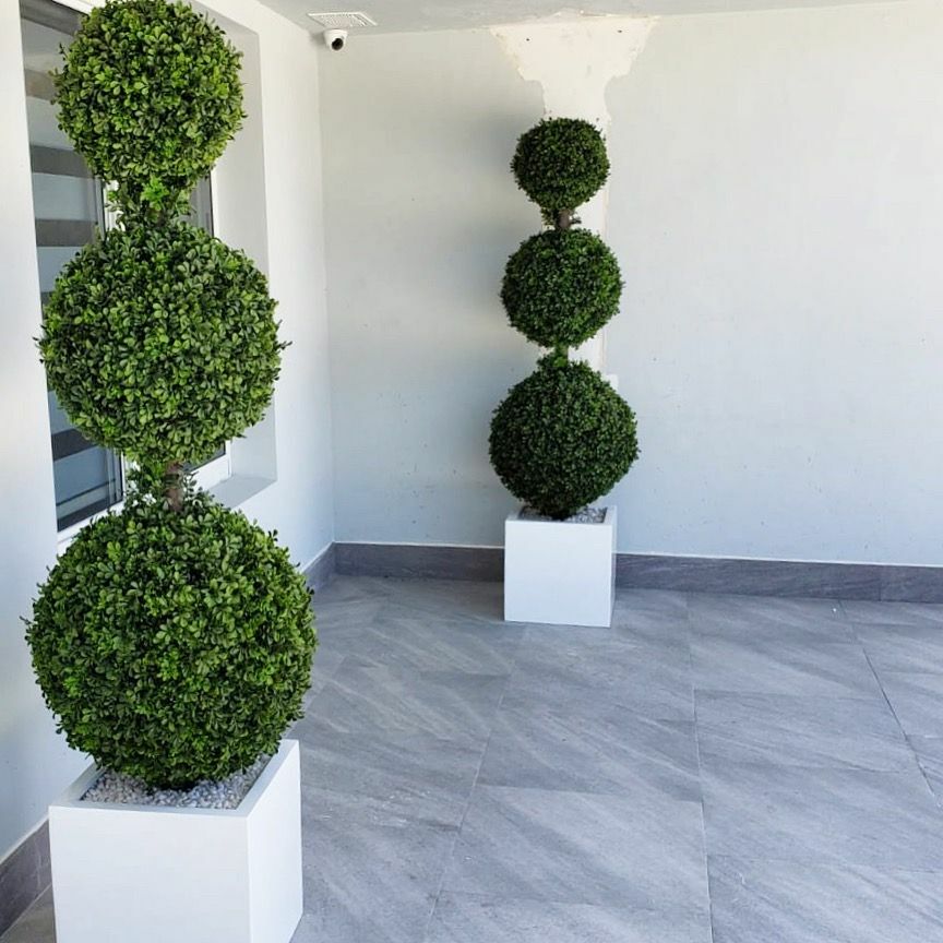 Dreifaches Kugel-Topiary mit mittlerem Block-Fiberglas-Topf