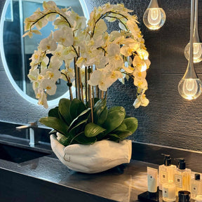 Weiße Phalaenopsis-Orchideen in Vase mit Skulptur „Offene Hände“